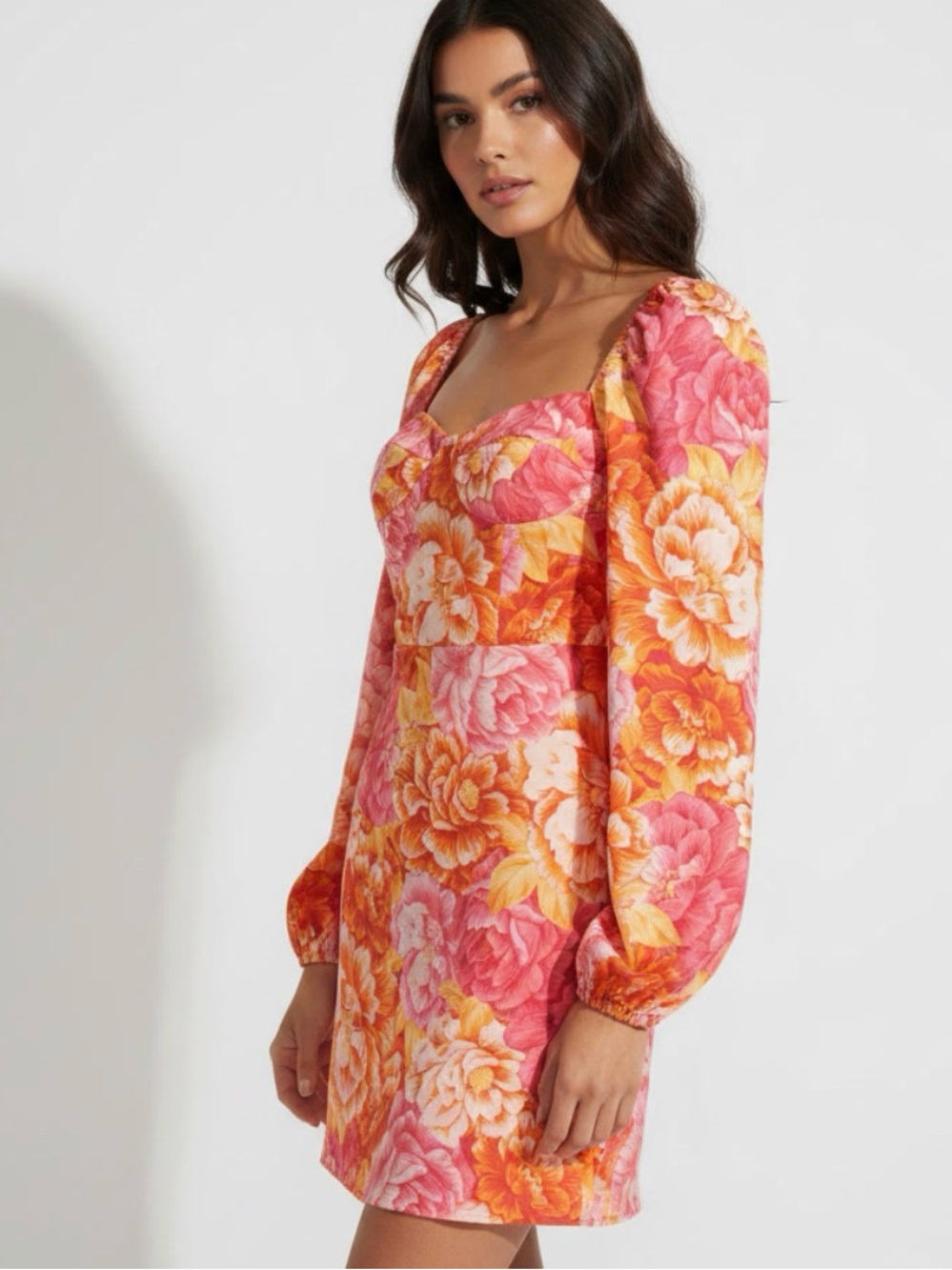 Floral long Sleeve Mini Dress in Pink & Orange